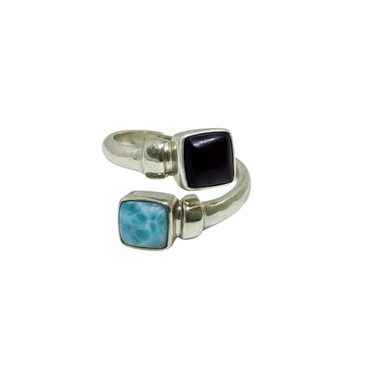 Adjustable Sterling Silver Ring with Amber and Larimar – Authentic Dominican Jewelry