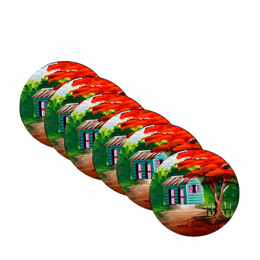 Set of 6 Coasters – Dominican Souvenir with Countryside House & Flamboyant Tree Design