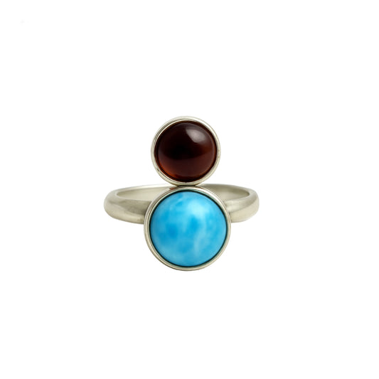 Sterling Silver Adjustable Ring with Amber & Larimar – Authentic Dominican Jewelry