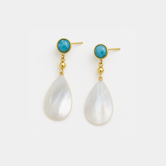 Gold-Plated Silver Earrings with Mother-of-Pearl and Larimar – Authentic Dominican Jewelry