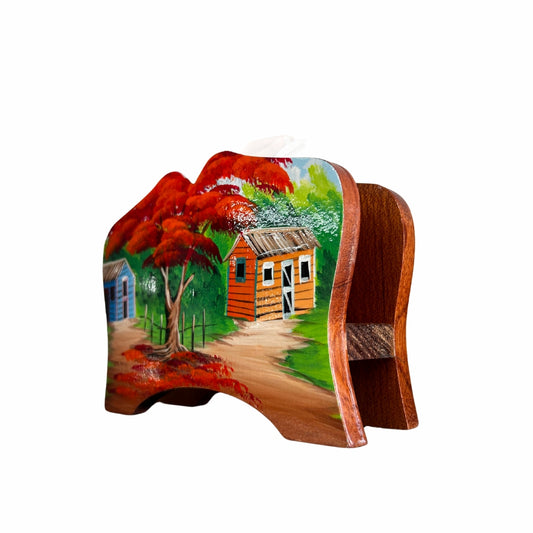 Napkin Holder – Dominican Souvenir with Wooden Countryside Houses & Flamboyant Tree Design