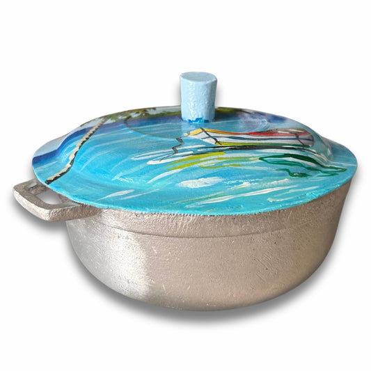 Decorative Aluminum Caldero – Dominican Souvenir with Beach, Boat & Palm Tree Design