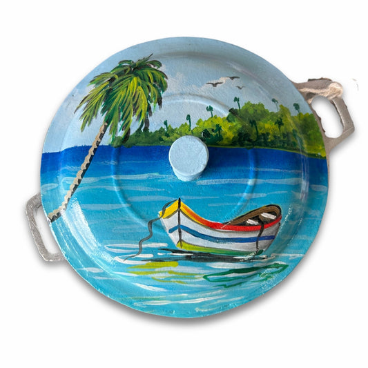 Decorative Aluminum Caldero – Dominican Souvenir with Beach, Boat & Palm Tree Design