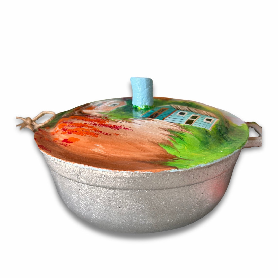 Decorative Aluminum Caldero – Dominican Souvenir with Flamboyant Tree & Countryside House Design