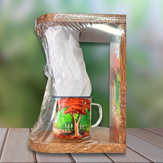 Dominican Coffee Dripper & Mug Set – Dominican Souvenir with Countryside House & Flamboyant Tree Designree Design (Copy)
