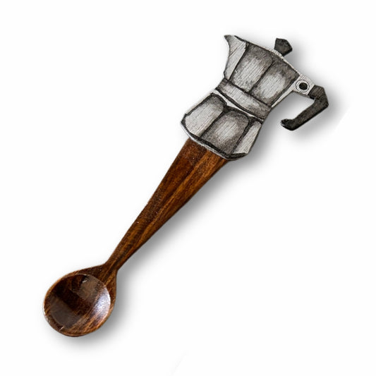 5" Wooden Spoon – Dominican Souvenir with Greca Coffee Maker Design