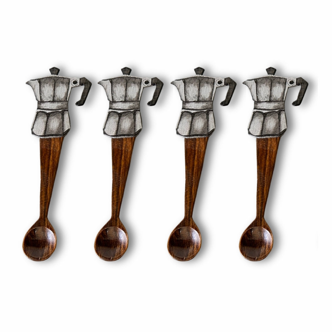 5" Wooden Spoon – Dominican Souvenir with Greca Coffee Maker Design