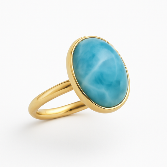 Gold-Plated Adjustable Oval Larimar Ring – Authentic Dominican Larimar Jewelry