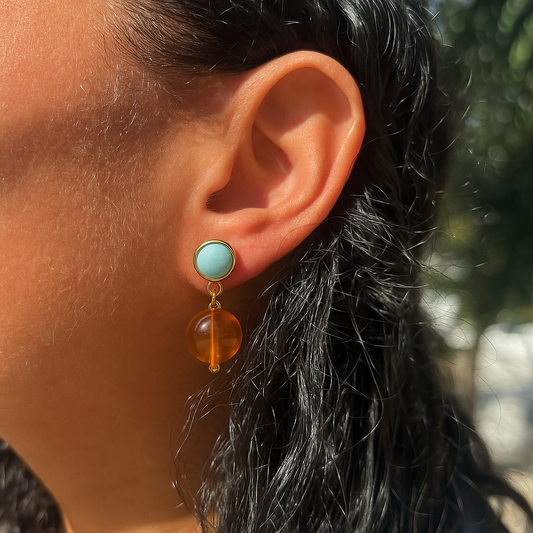 Sterling Silver Earrings with Dominican Larimar and Amber – Elegant Dominican Jewelry Souvenir