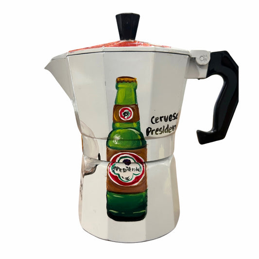 6-Cup Aluminum Coffee Maker – Dominican Souvenir with Rolos, Fried Egg, Presidente Beer & Flamboyant Tree Design