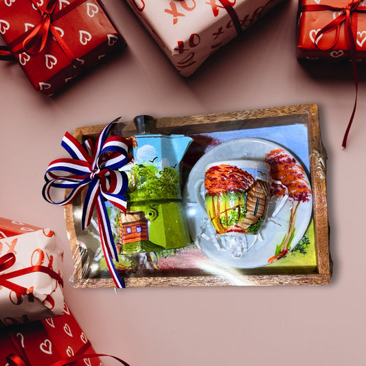 Dominican Country Field & Flamboyant Gift Set – Tray, Aluminum Coffee Pot, Glass Cup & Plate