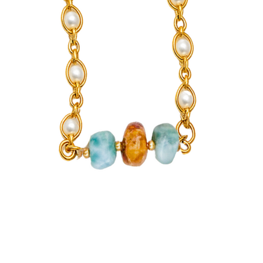 Gold-Plated Pearl Necklace with Amber and Larimar Chip Center – Authentic Dominican Jewelry