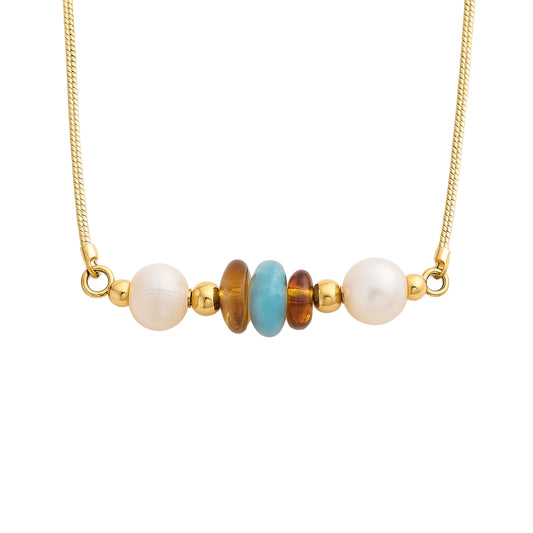 Gold-Plated Pearl, Larimar, and Amber Necklace – Authentic Dominican Larimar Jewelry