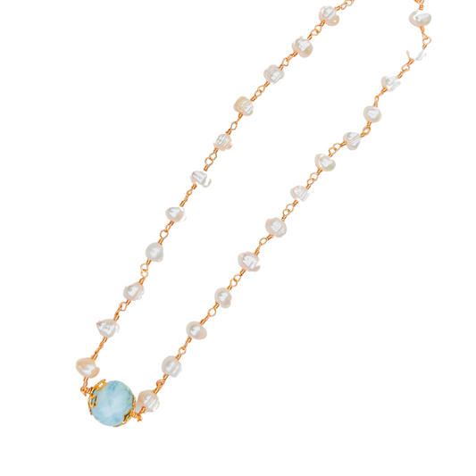 Gold-Plated Freshwater Pearl Necklace with Larimar Sphere – Authentic Dominican Larimar Jewelry
