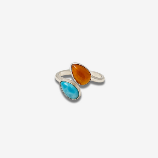 Adjustable Sterling Silver Drop Ring with Amber and Larimar – Authentic Dominican Jewelry