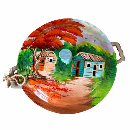 Decorative Aluminum Caldero – Dominican Souvenir with Flamboyant Tree & Countryside House Design