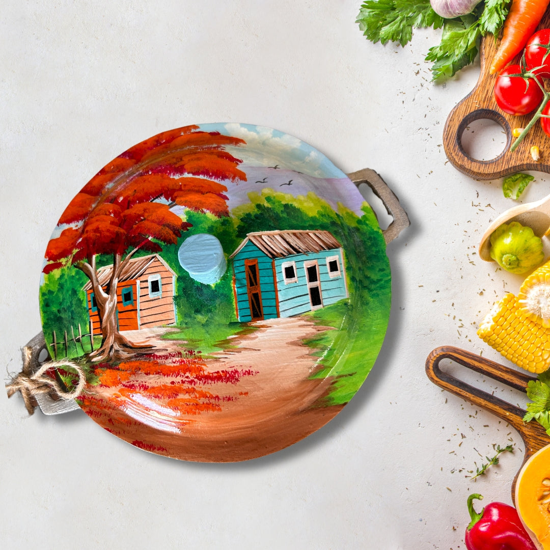 Decorative Aluminum Caldero – Dominican Souvenir with Flamboyant Tree & Countryside House Design