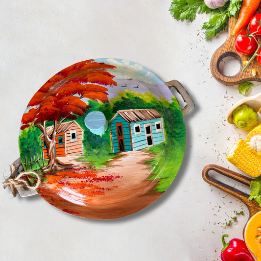 Decorative Aluminum Caldero – Dominican Souvenir with Flamboyant Tree & Countryside House Design