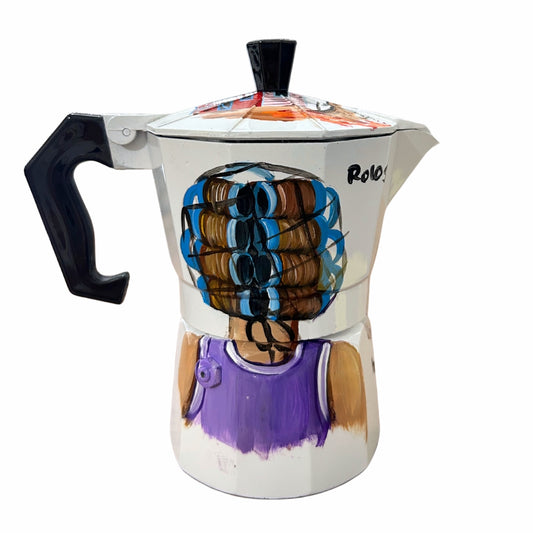 6-Cup Aluminum Coffee Maker – Dominican Souvenir with Rolos, Fried Egg, Presidente Beer & Flamboyant Tree Design