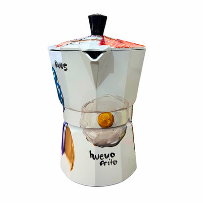 Cafetera de aluminio de 6 tazas: souvenir dominicano con rolos, huevo frito, cerveza Presidente y diseño de árbol flamante