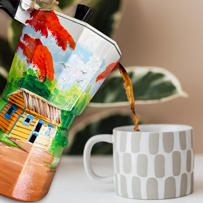 6-Cup Aluminum Coffee Maker – Dominican Souvenir with Countryside House & Flamboyant Tree Design