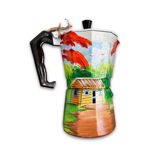 6-Cup Aluminum Coffee Maker – Dominican Souvenir with Countryside House & Flamboyant Tree Design