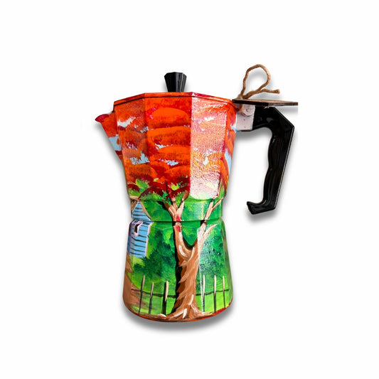 6-Cup Aluminum Coffee Maker – Dominican Souvenir with Countryside House & Flamboyant Tree Design