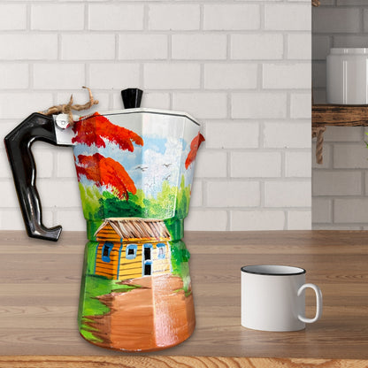 6-Cup Aluminum Coffee Maker – Dominican Souvenir with Countryside House & Flamboyant Tree Design