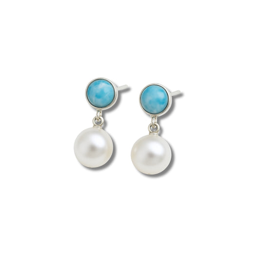 Round Larimar and Freshwater Pearl Earrings – Authentic Dominican Larimar Jewelry