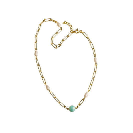 Pearl Necklace with Larimar Sphere – Elegant Dominican Jewelry