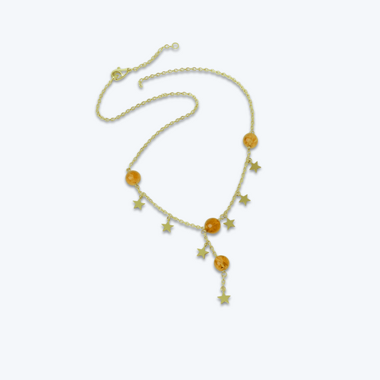 925 Silver Gold-Plated Necklace with Amber Chips and Star Accents – Dominican Jewelry with Celestial Charm