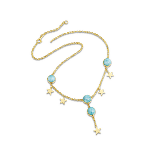 Long Necklace with 3 Sets of Larimar and Amber – Authentic Dominican Jewelry