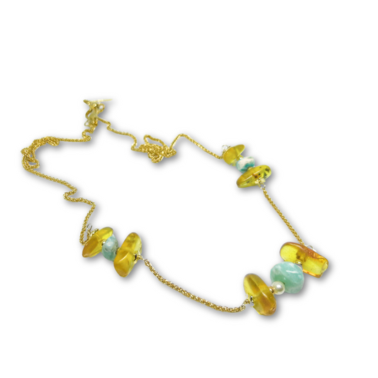 Long Necklace with 3 Sets of Larimar and Amber – Authentic Dominican Jewelry