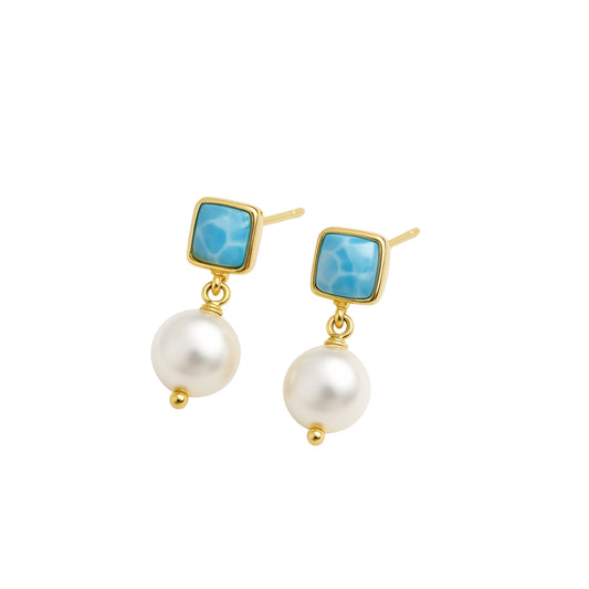 Square Larimar and Freshwater Pearl Earrings – Authentic Dominican Larimar Jewelry