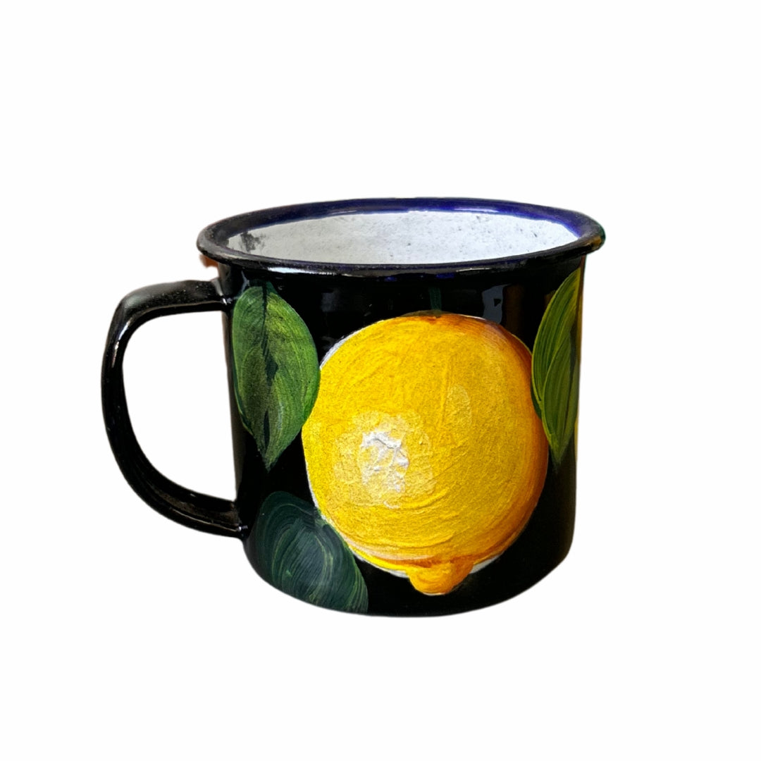 3 oz Metal Coffee Cup – Dominican Souvenir with Lemon Design on Black Background