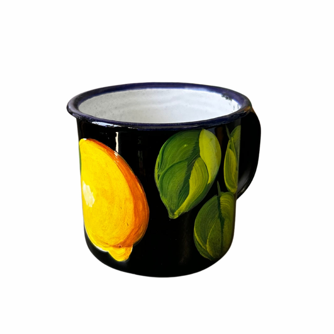 3 oz Metal Coffee Cup – Dominican Souvenir with Lemon Design on Black Background