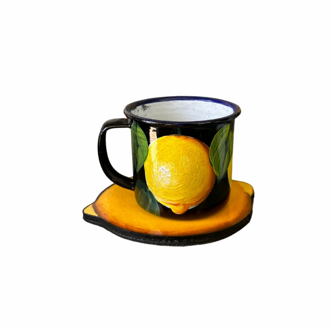 3 oz Metal Coffee Cup – Dominican Souvenir with Lemon Design on Black Background
