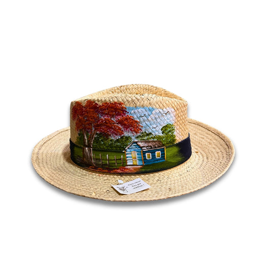Jute Hat – Dominican Souvenir with Countryside House & Flamboyant Tree Design