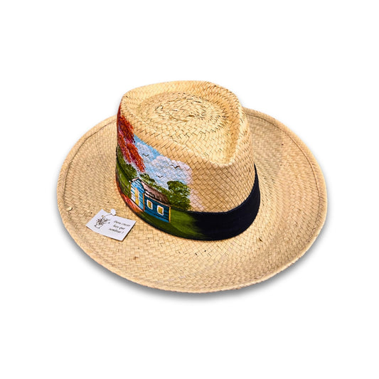 Jute Hat – Dominican Souvenir with Countryside House & Flamboyant Tree Design