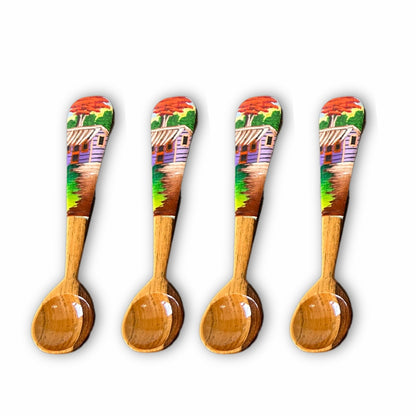 Cuchara de madera de 5 pulgadas – Recuerdo dominicano con diseño de casa de campo y árbol extravagante