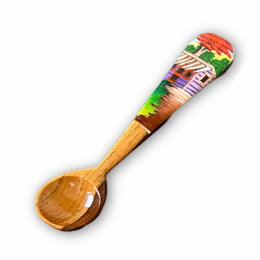 5" Wooden Spoon – Dominican Souvenir with Countryside House & Flamboyant Tree Design