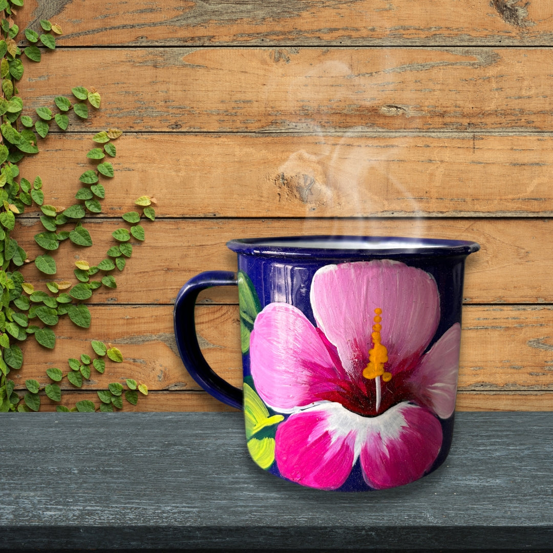 2 oz Metal Coffee Cup – Dominican Souvenir with Cayenne Flower Design