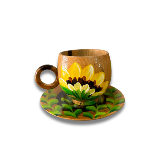 Taza de café de madera de 2 oz: souvenir dominicano artesanal con diseño de girasol