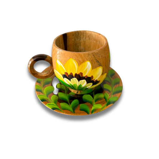 Taza de café de madera de 2 oz: souvenir dominicano artesanal con diseño de girasol