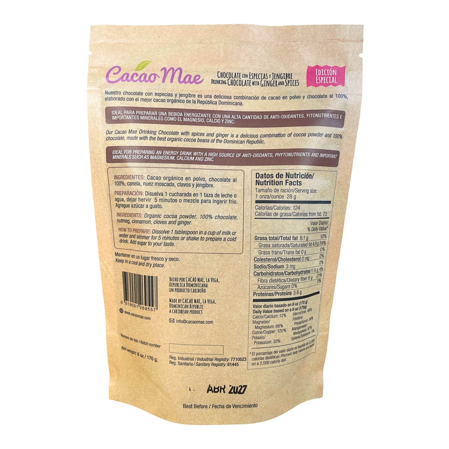 Cacao Mae – 100% Organic Dominican Drinking Chocolate with Ginger & Spices, No Sugar Added, Gluten Free (6oz) – Direct from Dominican Republic