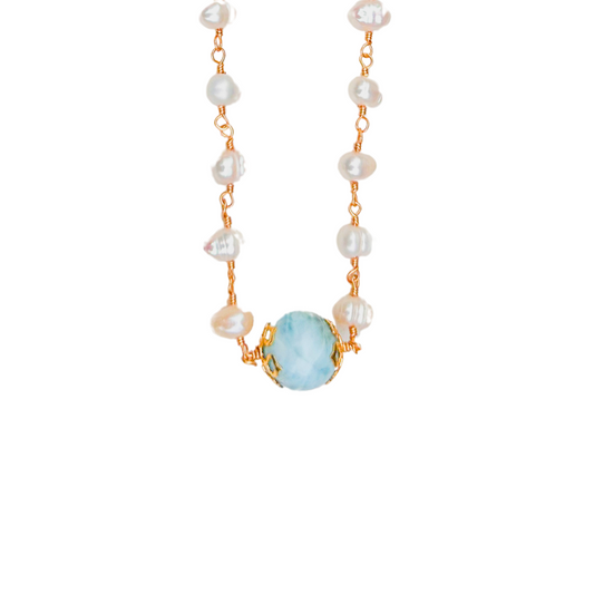 Gold-Plated Freshwater Pearl Necklace with Larimar Sphere – Authentic Dominican Larimar Jewelry