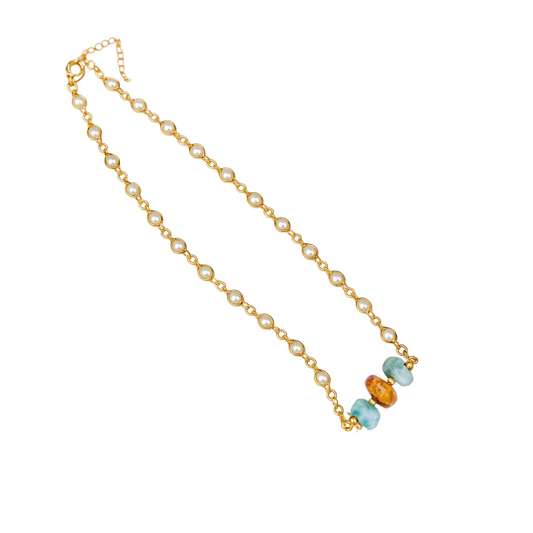 Gold-Plated Pearl Necklace with Amber and Larimar Chip Center – Authentic Dominican Jewelry